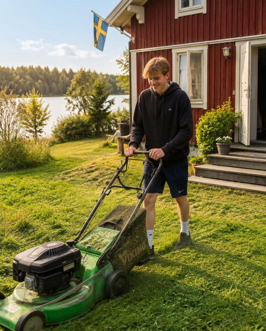 En ungdom klipper gräsmattan utanför ett rödmålat hus