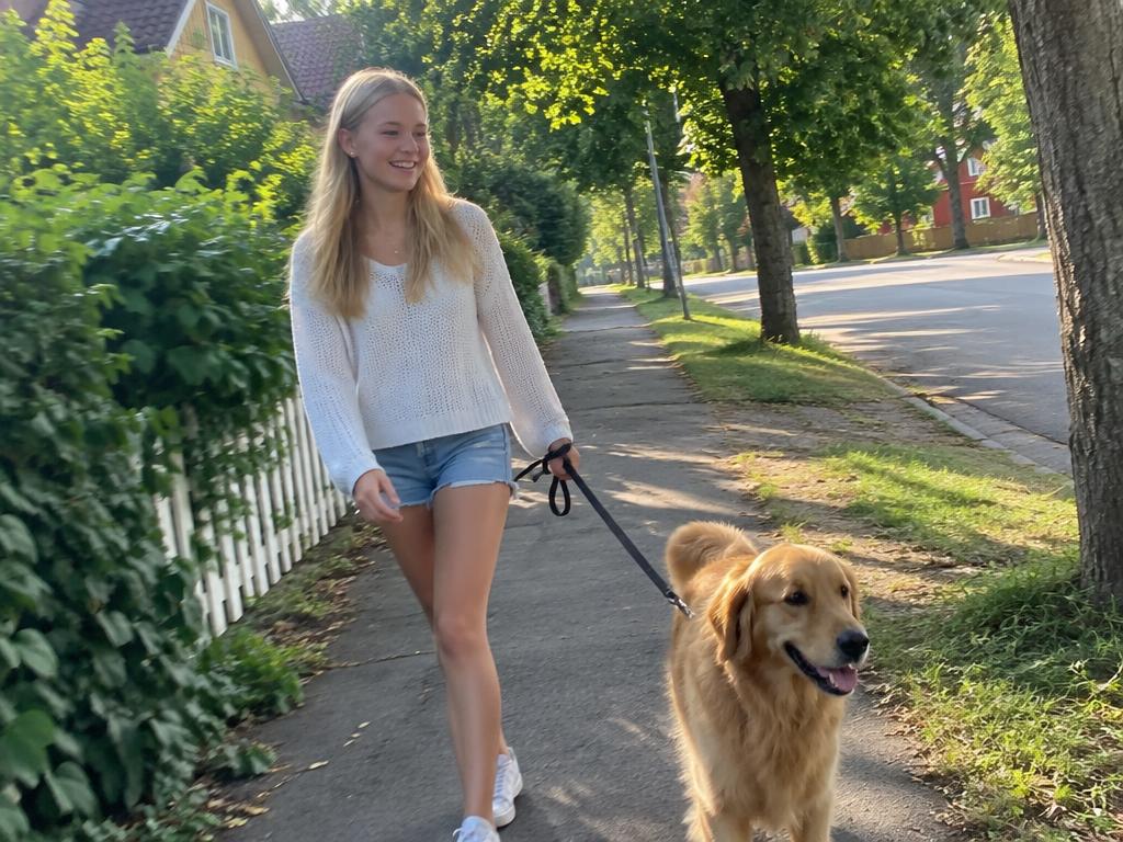En ungdom promenerar en golden retriever på en gränd